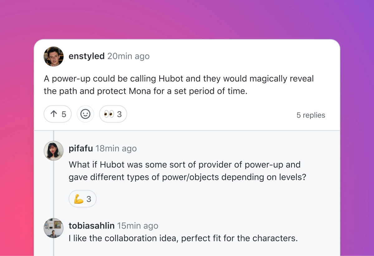 Screenshot of a GitHub Discussions thread where enstyled suggests a power-up idea involving Hubot revealing a path and protecting Mona. The post has received 5 upvotes and several reactions. Below, pifafu and tobiasahlin add to the discussion, suggesting Hubot could provide different power-ups depending on levels and appreciating the collaboration idea. The background has a gradient from pink to purple.